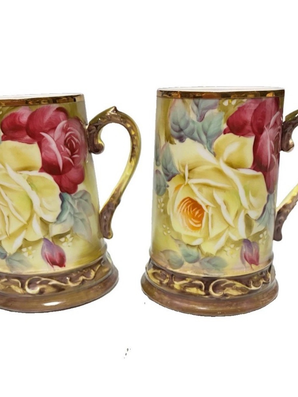 Set of 2 VTG Hand Painted Nippon Stein ~Mug Burgundy & Yellow Roses 5"~Japan